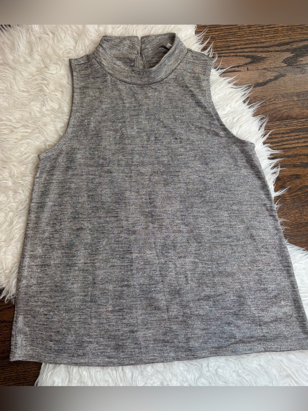 LOFT Gray Gold Marled Mock Neck Sleeveless Top XS Stretch Knit EUC